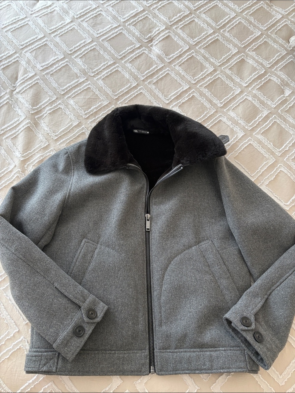Zara Gray Wool Zip Jacket with Black Faux Fur Collar
